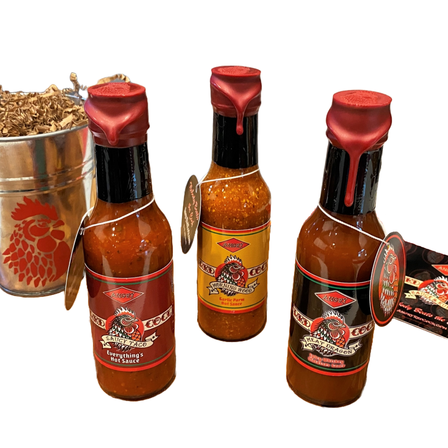 
                  
                    Bucket O' Cocks Hot Sauce Gift Pack from Angry Red Cock Sauce & Rub Handcrafted in the U.S.A. Nobody Beats the Cock
                  
                