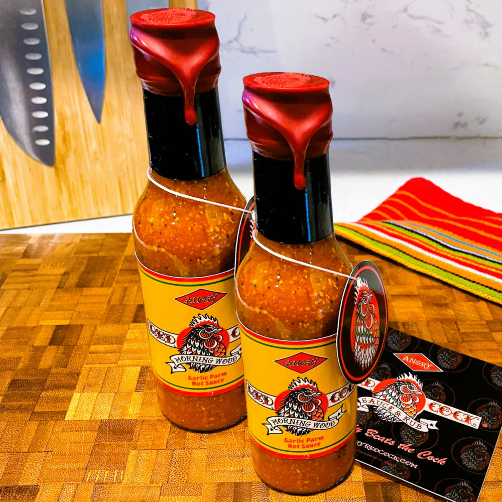 Morning Wood 2-Pack Garlic Parm Hot Sauce from Angry Red Cock Sauce & Rub Handcrafted in the U.S.A. Nobody Beats the Cock.