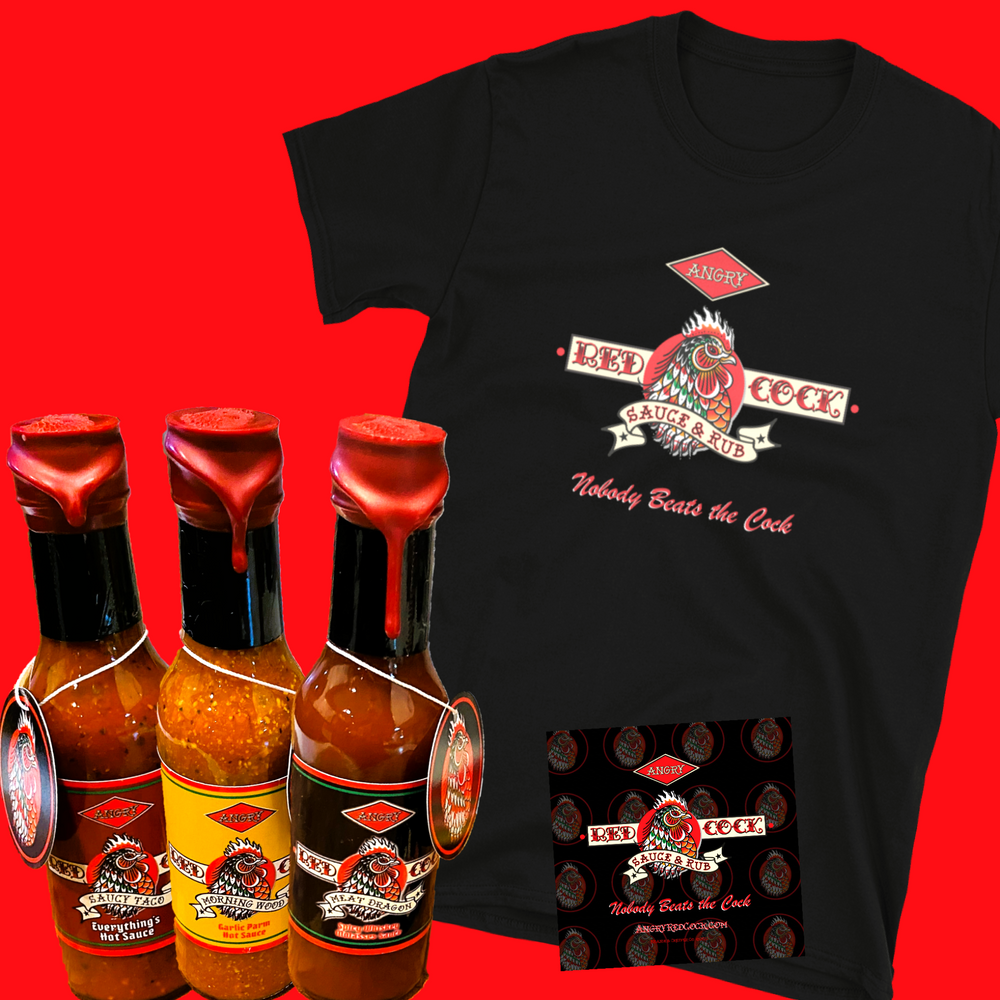The Saucy Shirt Combo from Angry Red Cock Sauce & Rub Handcrafted in the U.S.A. Nobody Beats the Cock