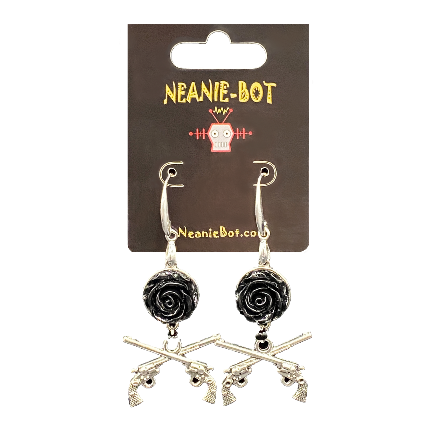 
                  
                    Guns & Roses Pistol & Black Rose Charm Earrings from Neanie-Bot Handmade Jewelry Creations Treasures From a Robot Brain
                  
                