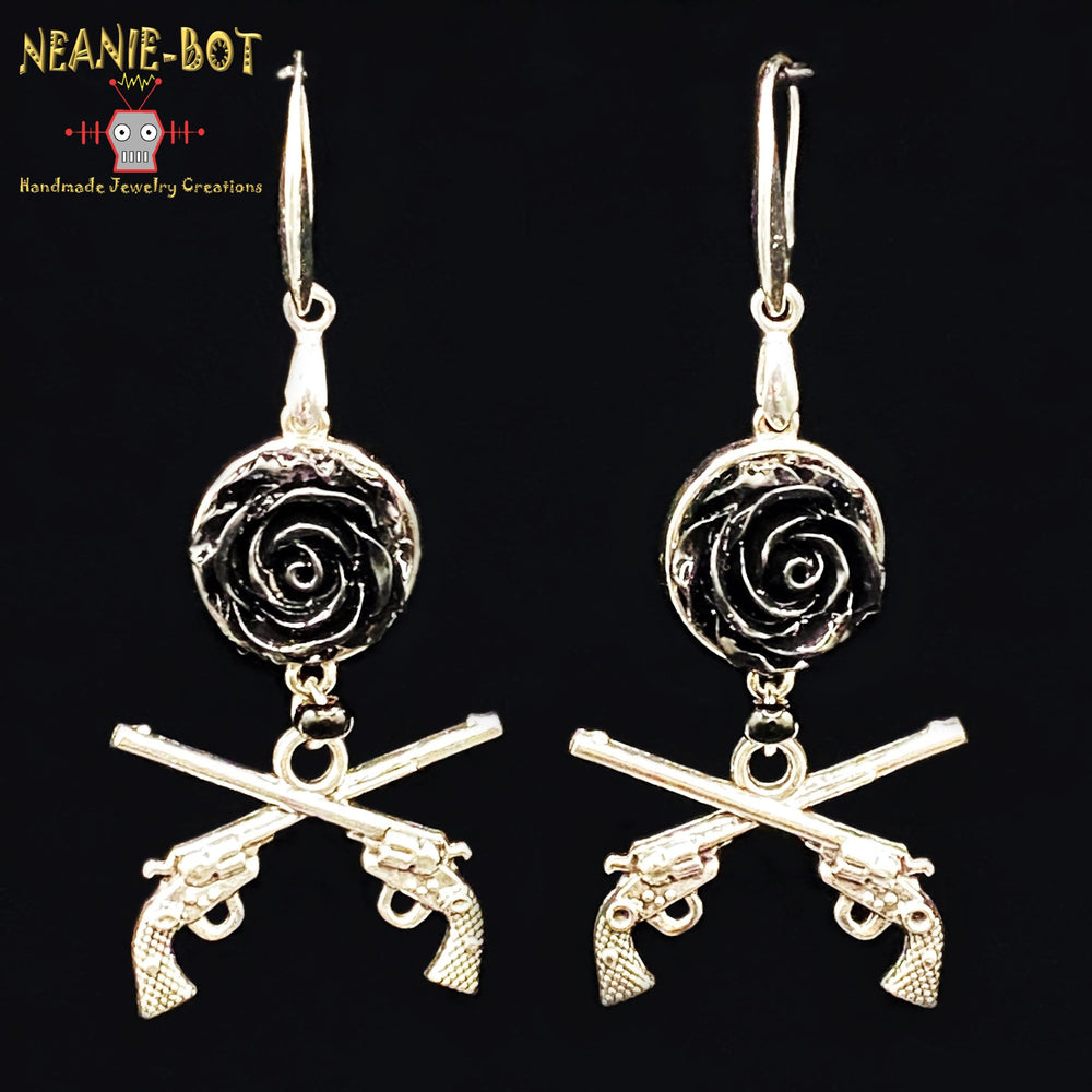 Guns & Roses Pistol & Black Rose Charm Earrings from Neanie-Bot Handmade Jewelry Creations Treasures From a Robot Brain